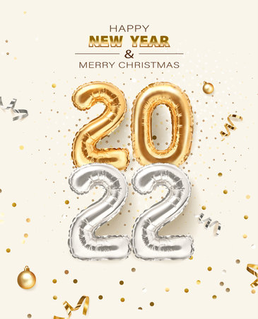 2022 golden decoration holiday on beige background. Shiny party background. Gold foil balloons numeral 2022 with realistic festive objects, glitter gold confetti and serpentine. Happy new year 2022 holiday poster. Realistic 3d vector illustration.のイラスト素材