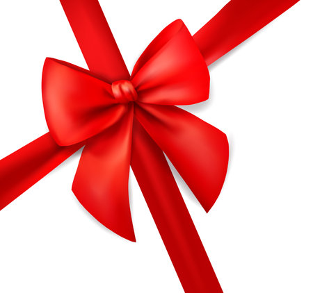 Red ribbon for card on white background. Xmas present. Holiday decoration. Realistic 3d vector illustration.のイラスト素材