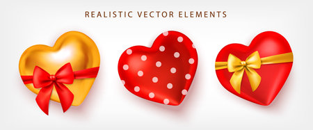 Romantic hearts with a bow and ribbon isolated. 3D realistic vector set.のイラスト素材
