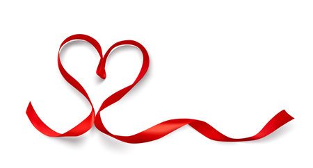Red ribbon heart shape isolated on white background. Xmas present. Holiday decoration. Realistic 3d vector illustration.のイラスト素材