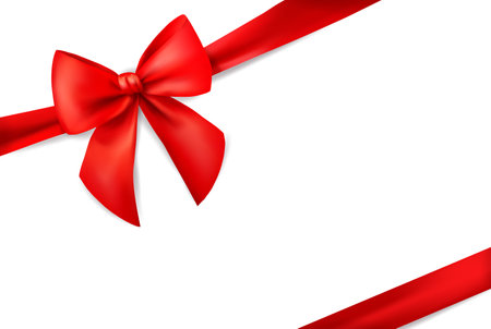 Red ribbon with bow for card on white background. Xmas present. Holiday decoration. Realistic 3d vector illustration.のイラスト素材