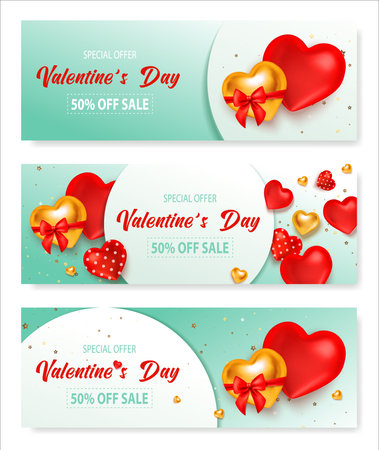 Set of valentine posters great design for any purposes. Vector design elements. Shopping event typography illustration. 3D realistic vector. Sale flyer, banner.のイラスト素材