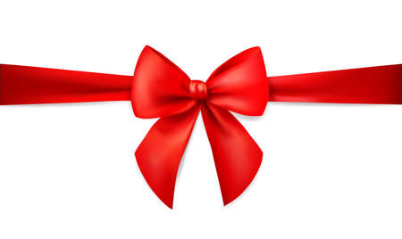 Red ribbon with bow for card isolated on white background. Xmas present. Holiday decoration. Realistic 3d vector illustration.のイラスト素材