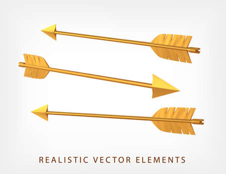 Set of golden arrows isolated. 3D realistic vector. Collection of metallic Cupids arrows.のイラスト素材