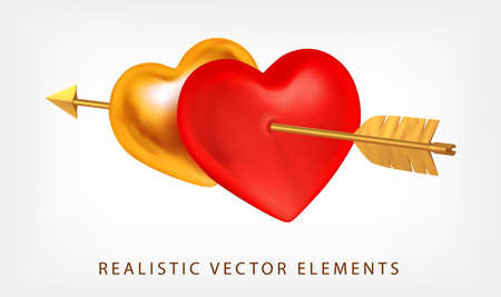 Couple red and golden hearts pierced by Cupids golden arrow isolated. 3d realistic vector illustration. Valentines day luxury decoration for banner, poster, invitation.のイラスト素材