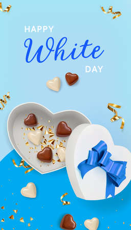Happy White Day. White chocolate in white gift box shaped Heart on blue background. 3d realistic vector illustration.のイラスト素材