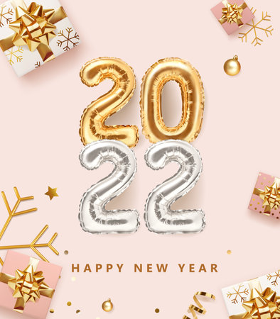 2022 golden decoration holiday on pink color background. Gold foil balloons numeral 2022 with realistic festive objects, glitter gold confetti, gifts and serpentine. Realistic 3d vector illustration.のイラスト素材