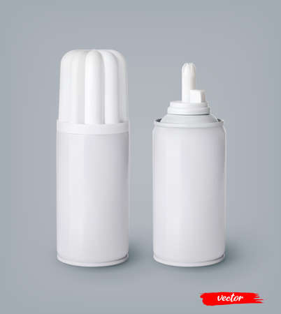 Whipped cream bottle cans on gray background. 3d realistic vector illustration of sweet dairy product. Mockup of whipped cream package.のイラスト素材