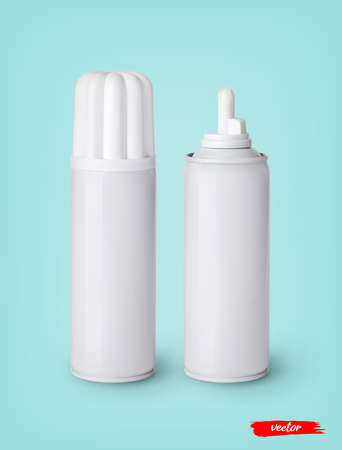 Whipped cream bottle cans on blue background. 3d realistic vector illustration of sweet dairy product. Mockup of whipped cream package.のイラスト素材