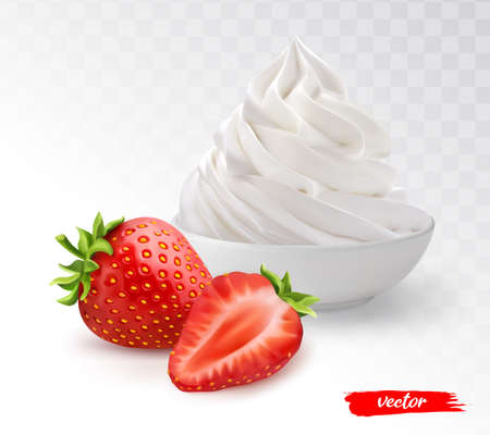 White bowl of whipped cream with whole strawberry and half strawberry. 3d realistic vector illustration of whipped cream with strawberries.のイラスト素材