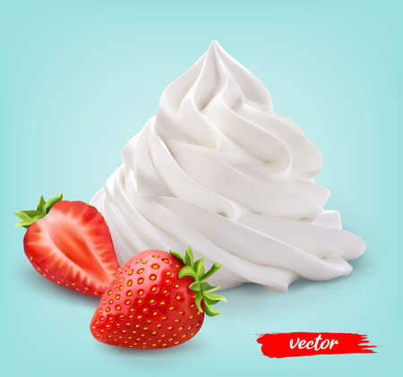 Whipped cream with whole strawberry and half strawberry on blue background. 3d realistic vector illustration of whipped cream with strawberries.のイラスト素材