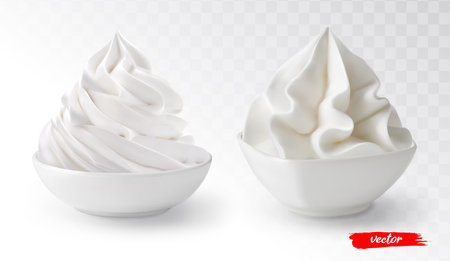 Set of whipped cream in white bowl isolated. 3d realistic vector illustration of whipped cream.のイラスト素材