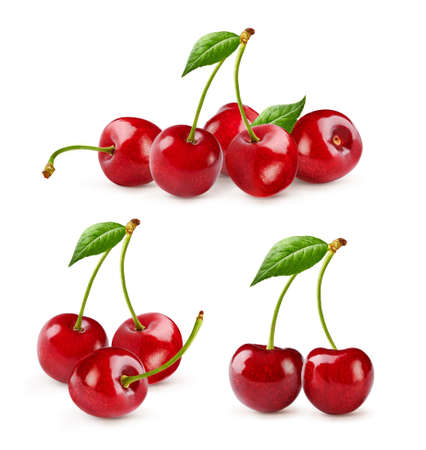 Set of cherrie fruits. Cherry with cherry leaf isolated on white.の写真素材