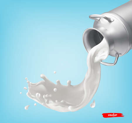 Milk can container and milk splash on blue background. 3d vector realistic elements for milk package design.のイラスト素材