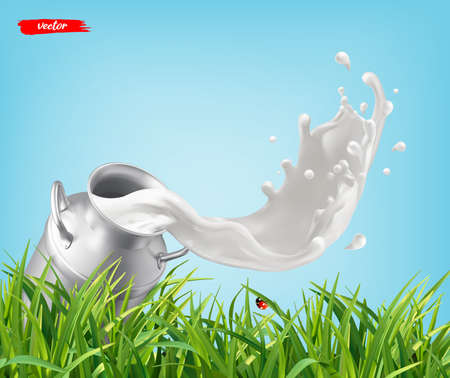 Milk can container and milk splash on nature background with green grass and a ladybug. 3d vector realistic elements for milk package design.のイラスト素材
