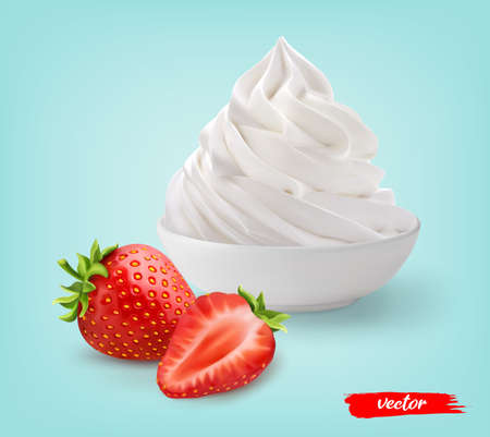 Whipped cream with whole strawberry and half strawberry on blue background. 3d realistic vector illustration of whipped cream with strawberries.のイラスト素材
