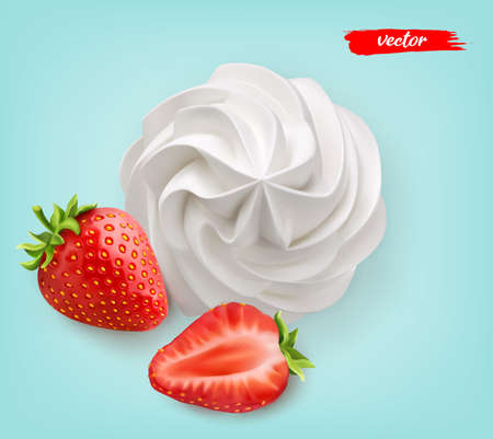 Whipped cream with strawberry and half strawberry on blue background. 3d realistic vector illustration of whipped cream with strawberries.のイラスト素材