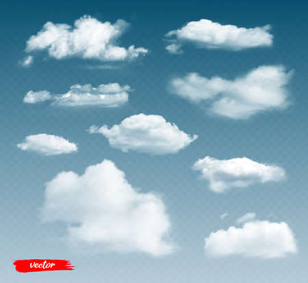 Set of transparent clouds. 3d realistic vector illustration of different clouds on transparent background.のイラスト素材