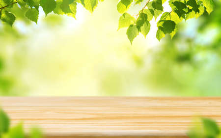 Empty wooden table on blurred green background with beautiful fresh leaves. Spring or summer season. Ready for your product. Mockup.の写真素材