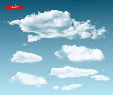 Collection of transparent clouds. 3d realistic vector illustration of different clouds on transparent background.のイラスト素材