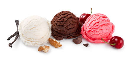 Assorted of ice cream scoops on white background. Chocolate ice cream and cherry ice cream isolated with nuts, berries and vanilla.の写真素材