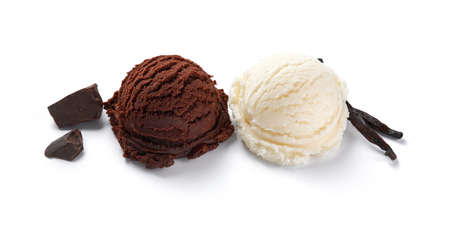 Assorted of ice cream scoops on white background. Chocolate ice cream and ice cream isolated with chocolate pieces and vanilla.の写真素材