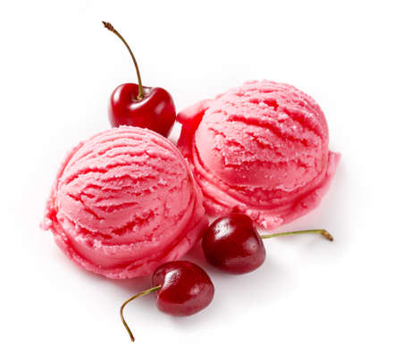 Cherry ice cream with cherry berries on white background. Ice cream with cherry sauce isolated for package of ice cream.の写真素材