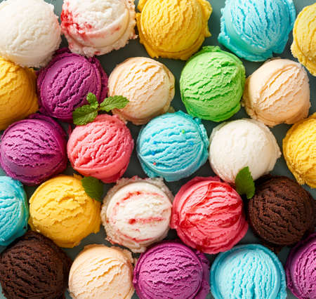 Assorted of scoops ice cream. Colorful set of ice cream of different flavours. Top view of ice cream...