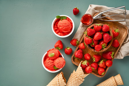 Strawberry sorbet with strawberries on blue background with copy space. Heap of strawberry with ice cream in ice cream paper cup.の写真素材