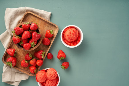 Strawberry sorbet with strawberries on blue background with copy space. Heap of strawberry with ice cream in ice cream paper cups.の写真素材