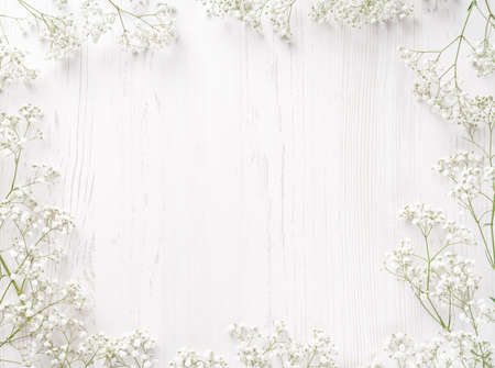 Flowers composition. White flowers on white background. Wedding mockup with small flowers. Flat lay, top view, frame. Gypsophila Babys-breath flowersの写真素材