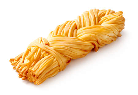 Chechil cheese isolated. Smoke chechil cheese on white background. Cheese braid of chechil for package design.の写真素材