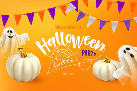 Happy Halloween. Poster or card with ghost and cobweb. Ghost on orange background with text Welcome to Halloween Partyのイラスト素材