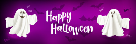 Happy Halloween. Ghost and bats poster. Ghost on lilac background with text Happy Halloween.のイラスト素材