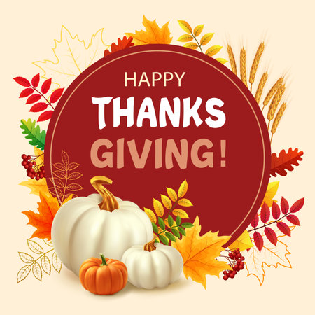 Happy Thanksgiving background with autumn leaves, white pumpkins and orange pumpkin. 3d realistic vector illustration of Thanksgiving card.のイラスト素材