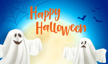 Happy Halloween. Ghost and bats poster on the Moon background. Ghost on blue background with text Happy Halloween.のイラスト素材