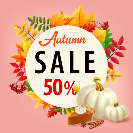 Sale background with autumn leaves, pumpkin pieのイラスト素材