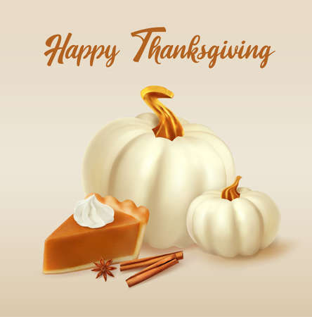Piece of pumpkin pie with whipped cream and white pumpkins. 3d realistic vector illustration of pumpkin pie, cinnamon sticks and anise.のイラスト素材