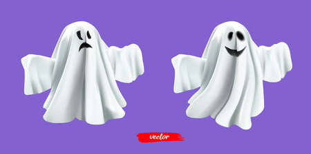 White ghost, phantom isolated on lilac background. Halloween spooky monster, scary spirit or...