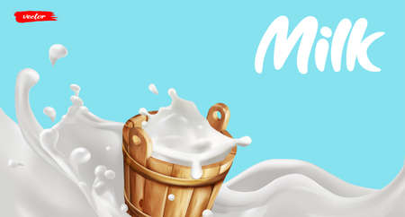Wooden milk bucket with splash of milk. Natural dairy product. Concept for package of milk.のイラスト素材