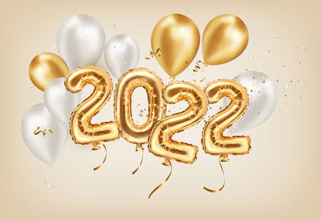 2022 golden decoration holiday on beige background. Happy new year 2022 holiday. Gold and silver foil balloons numeral 2022 with glitter gold confetti and Realistic 3d vector illustration.のイラスト素材