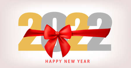 2022 Happy New Year. Red festive ribbon with bow. Nmbers 2022 on white background.のイラスト素材