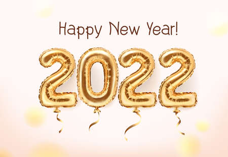 2022 golden decoration holiday on pink background. Shiny party background. Gold foil balloons numeral 2022 and confetti. Happy new year 2022 holiday. Realistic 3d vector illustrationのイラスト素材