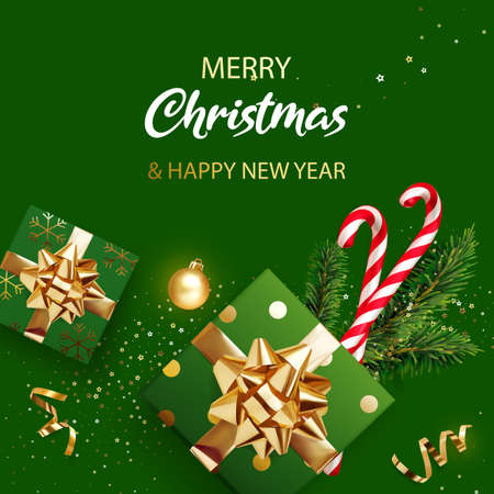 Merry Christmas and New Year banner. Green Xmas background with gifts, glitter golden confetti, branches of Christmas tree, golden ball and red Xmas candy canes. Realistic vector illustration.のイラスト素材