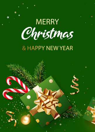 Merry Christmas and New Year banner. Green Xmas background with gifts, glitter golden confetti, branches of Christmas tree, golden ball and red Xmas candy canes. Realistic vector illustration.のイラスト素材