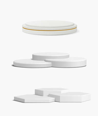 Set of white podiums. Realistic vector illustration. White round podiums for mockups.のイラスト素材