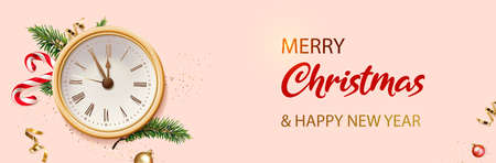 Merry Christmas and New Year banner. Pink Xmas background with golden clock, glitter golden confetti, branches of Christmas tree, golden ball and red Xmas candy canes. Realistic vector illustration.の写真素材