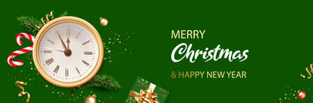 Merry Christmas and New Year banner. Green Xmas background with golden clock, glitter golden confetti, branches of Christmas tree, golden ball and red Xmas candy canes. Realistic vector illustration.のイラスト素材