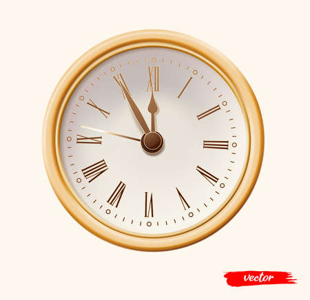 New Year gold clock. Xmas holiday. Realistic golden wall clock with Roman numbers. Vector illustration of wall clock.のイラスト素材