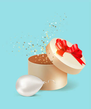 Open gold gift with silver balloon. Gift on blue background.の写真素材